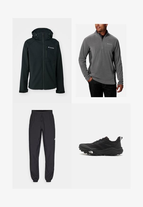 Melnas mīkstās apvalka jakas ar priekšējo rāvējslēdzēju, regulējamu kapuci, rāvējslēdzēja krūšu kabatu un velcro aprocēm. Tam ir gluda tekstūra un Columbia logotips.; Pelēks vilnas puloveris ar ceturtdaļas rāvējslēdzēja dizainu, mīkstu tekstūru, garām piedurknēm un logotipu uz krūtīm. Akcentēts ar kontrastējošiem sānu paneļiem.; Melni sporta bikses, kas izgatavotas no viegla auduma, ar savelcamu jostu, sānu kabatām un sašaurinātiem apakšējiem galiem pie potītēm.; Melnas taku skriešanas kurpes ar teksturētu virsu, gumijas zoli un pastiprinātu pirkstu daļu. Aprīkotas ar mīkstu apkakli un vilkšanas cilpu, lai viegli uzvilktu.