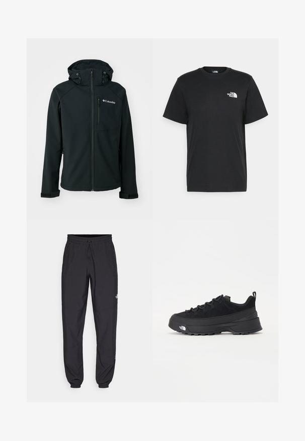 Black softshell jacket with a zip front, adjustable hood, zippered chest pocket, and velcro cuffs. Features a smooth texture and Columbia logo.; Black cotton t-shirt with short sleeves, crew neck, and a small white logo on the left chest. Simple design, smooth texture, and relaxed fit.; Black athletic pants made from lightweight fabric, featuring a drawstring waistband, side pockets, and tapered cuffs at the ankles.; Black outdoor sneaker with a suede upper, textured rubber sole, and sturdy lacing system. Features a reinforced heel and brand logo on the side.