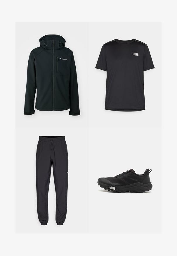 Sort softshell jakke med lynlås foran, justerbar hætte, lynlåslomme på brystet og velcro-manchetter. Har en glat tekstur og Columbia-logo.; Sort t-shirt med korte ærmer lavet af letvægtsstof. Har et lille hvidt logo på venstre bryst og diskrete skuldrelementer.; Sorte atletiske bukser lavet af letvægtsstof, med en snor i taljen, sidelommer og tapered manchetter ved anklerne.; Sort trail løbesko med en struktureret overdel, gummisål og forstærket tåhætte. Har en polstret krave og en pull-tab til nem påtagning.
