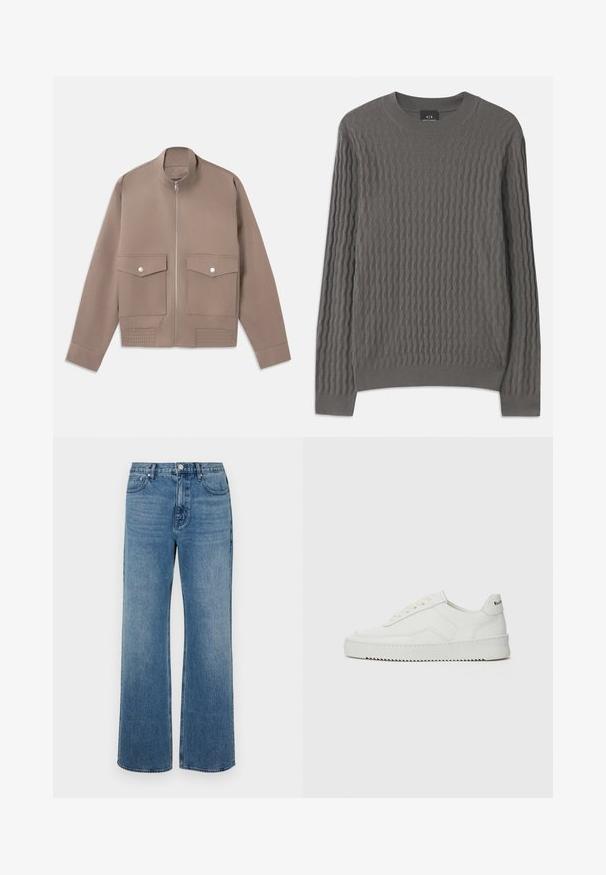 Bomber bunda v taupe farbe s predným zipsom, dvomi vreckami na klapku so zacvakávacími gombíkmi a rebrovanými detailami na leme.; Armani Exchange Svetrík - dark gull zig zag; Džínsy s širokými nohavicami vo farbe modrej, vyrobené z denimovej látky s vyblednutým vzhľadom. Obsahujú päť vreciek, predné zapínanie na gombík a rovný strih.; Biele kožené tenisky s hladkým povrchom, okrúly špičkový dizajn, ploché šnúrky a textúrovaná podrážka. Obsahujú jemné logo na päte.