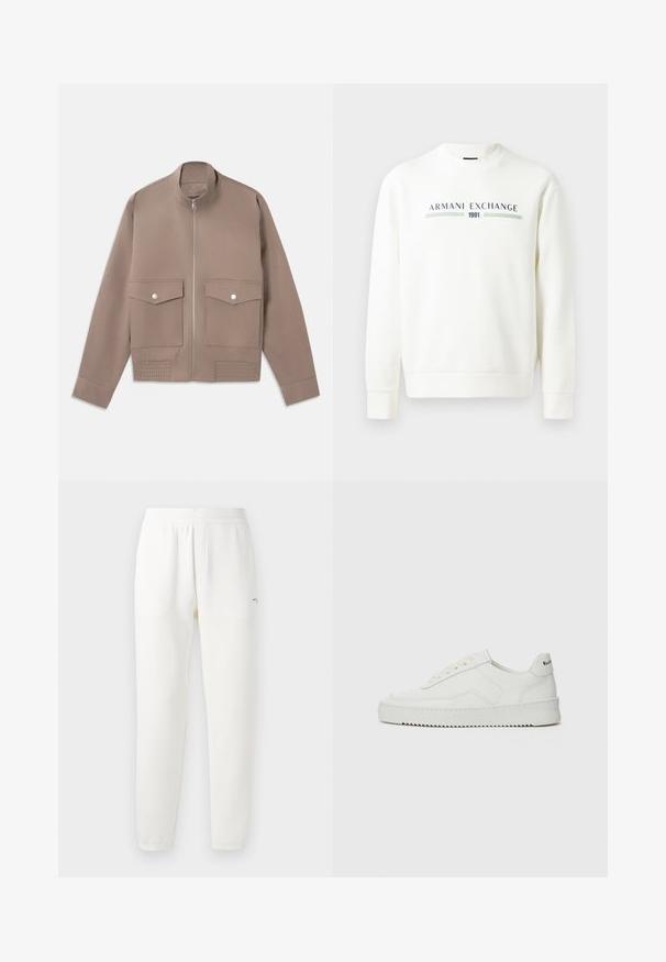 Bombe jakna u taupe boji s prednjim patentnim zatvaračem, dva džepa s kopčama na dugme i rebrastim detaljima na rubu.; Bijela dukserica s okruglim izrezom, dugim rukavima i rebrastim manžetama. Sadrži otisnutu oznaku "Armani Exchange 1991" u plavoj i zelenoj boji.; Bijele trenirke izrađene od mekane tkanine, s elastičnom strukom, suženim nogavicama i malim logom s lijeve strane.; Bijele kožne tenisice s glatkom površinom, okruglim vrhom, ravnim vezicama i teksturiranom potplatom. Imaju suptilan logo na peti.