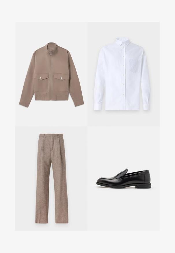 Tauenfarbener Bomberjacke mit Frontreißverschluss, zwei Taschen mit Druckknopfklappen und gerippten Details am Saum.; Weißes Langarm-Hemd mit Knöpfen aus Baumwolle, ausgestattet mit einer Brusttasche mit tonalem Stickerei, einem Kragen und Knopfmanschetten.; Braune, hochtaillierte Hose aus strukturiertem Stoff. Mit weitem Bein und zwei vorderen Bügelfalten für zusätzliche Form. Saubere Verarbeitung ohne sichtbare Hardware.; Schwarze Lederloafers mit glatter Textur, rundem Zehenbereich und einem dekorativen Riemen über dem Vorderfuß. Niedriger, gestapelter Absatz, minimalistisches Design.