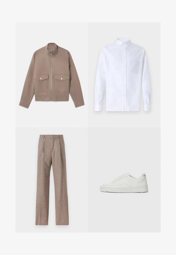 Bomber jacket de color topo con cremallera frontal, dos bolsillos con tapa y botón a presión, y detalles acanalados en el dobladillo.; Camisa blanca de manga larga y botonadura frontal, hecha de algodón, con un bolsillo en el pecho con bordado tonal, cuello y puños con botones.; Pantalones marrones de cintura alta hechos de una tela texturizada. Presentan piernas anchas y dos pliegues frontales para dar estructura. Acabado limpio sin hardware visible.; Zapatilla de cuero blanca con un acabado suave, puntera redonda, cordones planos y suela texturizada. Cuenta con un sutil logo en el talón.