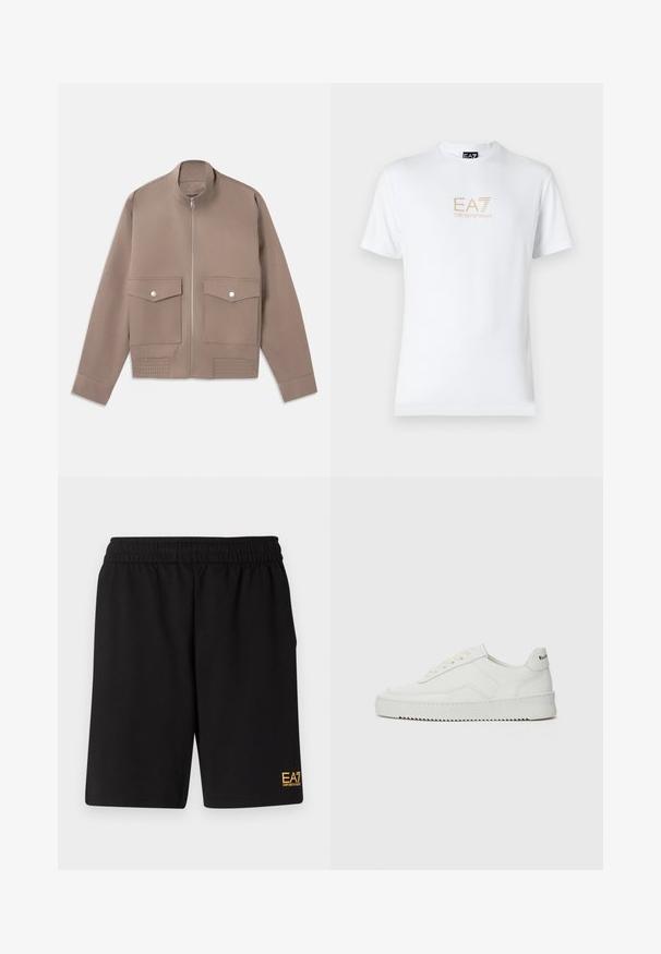 Giacca bomber di colore taupe con zip frontale, due tasche a patta con bottone a scatto e dettagli a costine sull'orlo.; T-shirt bianco in cotone con scollatura rotonda e maniche corte, con il logo oro EA7 Emporio Armani stampato sul fronte.; Pantaloni sportivi neri realizzati in tessuto morbido, con vita elastica e un piccolo logo EA7 giallo sulla parte bassa della gamba sinistra.; Sneaker in pelle bianca con una finitura liscia, punta rotonda, lacci piatti e suola testurizzata. Presenta un logo discreto sul tallone.