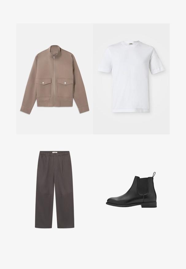 Bomber jacketin taupe-värvi, jossa on vetoketju edessä, kaksi napilla kiinnitettävää läppäpokkia ja ribbausta helmassa.; Valkoinen puuvillapaita, jossa on lyhyet hihat, pyöreä kaula-aukko ja sileä pinta. Kuvioita tai koristeita ei ole näkyvissä.; Harmaat, leveälahkeiset housut, jotka on valmistettu sileästä kankaasta. Niissä on napitus ja kaksi sivutaskua. Yksinkertainen, siisti muotoilu ilman näkyviä kuvioita.; Mustat nahkaiset chelsea-nileet elastisilla sivupaneeleilla, pyöreällä varvalla ja matalalla lohkokannalla. Pehmeä pinta ja siisti, minimalistinen muotoilu.