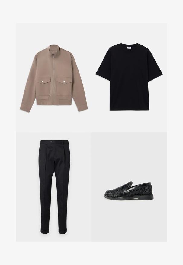 Bomber jacket de color topo con cremallera frontal, dos bolsillos con tapa y botón a presión, y detalles acanalados en el dobladillo.; Camiseta oversized de manga corta en negro con escote redondo y etiqueta de la marca Filippa K visible en el interior del cuello.; Pantalones negros de tejido suave, con un pliegue en la parte delantera, cierre de botón y puños enrollados en el tobillo.; Zapato negro de tejido con un acento de cuero suave en la parte superior, diseño de punta redonda y suela de goma de perfil bajo.