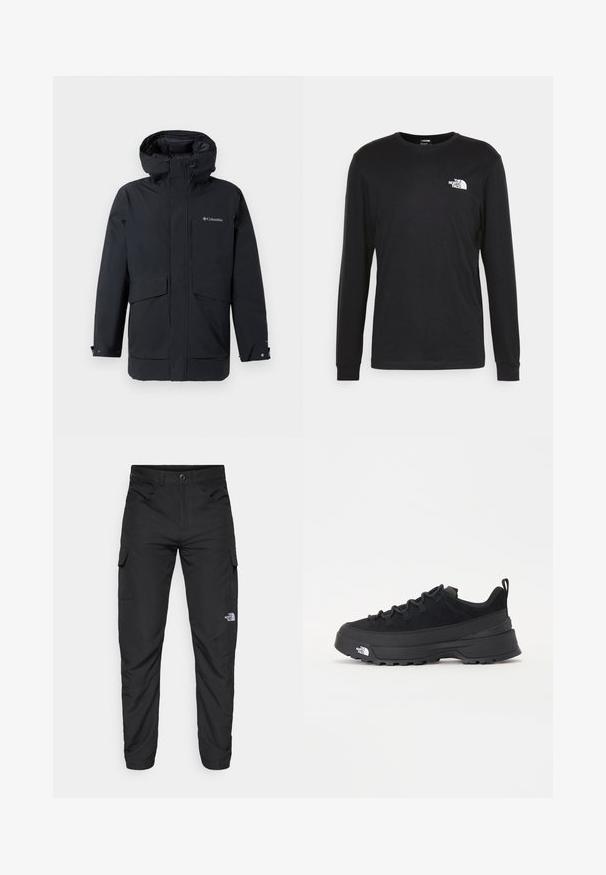 Čierna zimná bunda s kapucňou Columbia, so zipsom vpredu, dvoma veľkými vreckami na klopu a nastaviteľnými zápästnými páskami.; Čierne tričko s dlhým rukávom vyrobené z bavlny, s bielym logom na ľavej hrudi a rebrovanými manžetami. Hladká textúra s okrúhlym výstrihom.; The North Face HORIZON PANT - Outdoorové nohavice - black; Čierne vonkajšie tenisky so zvrškom z semišu, štruktúrovanou gumovou podrážkou a pevným šnurovaním. Obsahujú vystužený opätok a logo značky na boku.