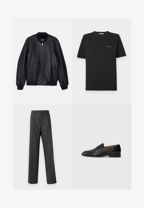 Černá kožená bomber bunda se zipovým zapínáním, žebrovanými manžetami a spodním lemem a dvěma bočními kapsami. Má hladkou texturu a jednoduchý design.; Černé bavlněné tričko s kulatým výstřihem, krátkými rukávy a malým bílým logem "TIGER OF SWEDEN" na hrudi. Klasický střih.; Šedé kalhoty na míru vyrobené z texturované tkaniny, s dvěma předními záhyby a rovnými nohavicemi. Bez viditelných kapes nebo ozdob.; Černé kožené mokasíny s kulatou špičkou, jemným prošíváním a nízkým podpatkem, s hladkým povrchem a minimalistickým designem.