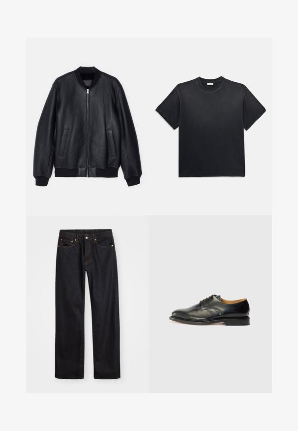 Zwart leren bomberjack met een ritssluiting, ribbels aan de manchetten en onderkant, en twee zijzakken. Kenmerkt zich door een soepele textuur en eenvoudig ontwerp.; Zwarte katoenen t-shirt met een ronde halslijn en korte mouwen. Heeft een ontspannen pasvorm, een gladde textuur en een minimalistisch ontwerp.; Heren straight-leg zwarte denim jeans met vijf zakken en oranje stiksels, knoop- en ritssluiting op de voorkant van de tailleband.; Zwarte leren nette schoen met een gladde afwerking, ronde neus en minimale veters. Beschikt over een subtiel ontwerp en een lage, stevige rubberen zool.