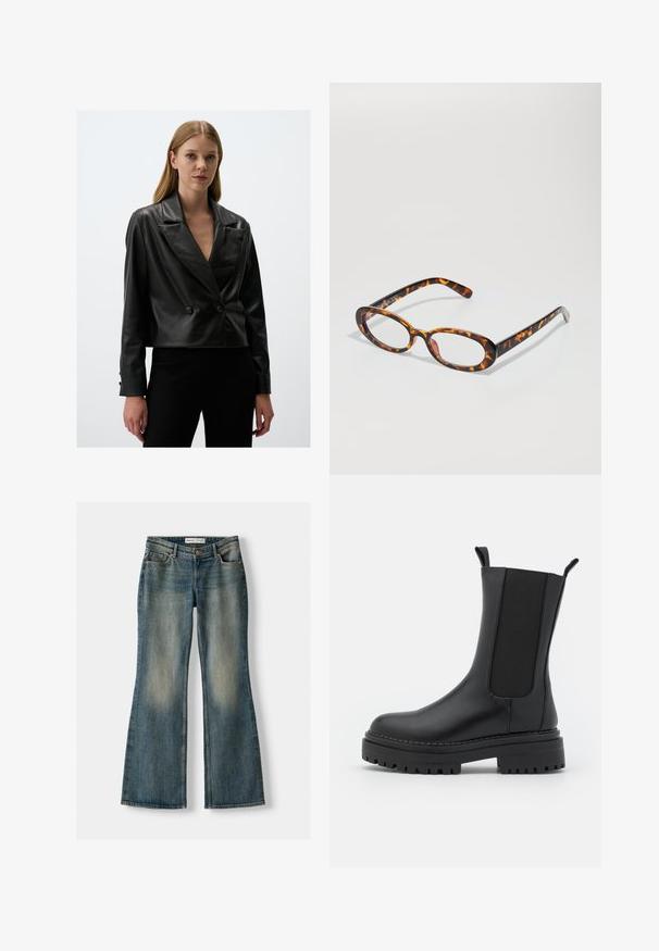 Zwarte leren cropped jack met een geknipte kraag, dubbelgeknoopte knopen en een zachte textuur, met lange mouwen en een op maat gemaakte pasvorm.; Langemouwige, cropped top van donkergrijze stof met een gladde textuur. Heeft een vierkante halslijn en een aansluitend ontwerp.; Blauwe uitlopende spijkerbroek met een vervaagde wassing, vijf zakken en een knoopsluiting. Het materiaal heeft een denim textuur met subtiele stikseldetails.; RAID CHERISH - Plateaulaarzen - black; Schildpadbril met ovale glazen, voorzien van een glanzende afwerking, slanke armen en subtiele patronen die lijken op de strepen van een tijger.; Set van drie elastische hoofdbanden in zwart en wit, met een gladde textuur en een eenvoudig, plat ontwerp. Elke band is uniform in breedte.