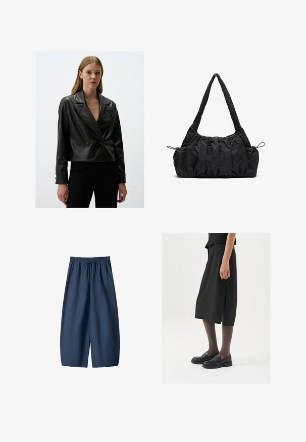 Czarna skórzana kurtka o krótkim kroju z klapowym kołnierzem, podwójnymi guzikami i gładką fakturą, z długimi rękawami i dopasowanym krojem.; Szary prążkowany top na ramiączkach z okrągłym dekoltem i bez rękawów. Miękka tekstura i dopasowany krój, idealny do codziennych stylizacji lub jako warstwa.; Granatowe szorty wykonane z gładkiego materiału, z elastyczną talią i sznurkiem do regulacji oraz dwiema bocznymi kieszeniami. Luźny krój, długość do kolan.; Czarna spódnica do kolan z bocznym rozcięciem, połączona z czarnymi mokasynami i przezroczystymi brązowymi rajstopami, charakteryzująca się gładkim materiałem i prostym wzorem.; Czarna torebka z tkaniny z marszczoną fakturą, z dwoma ramiączkami i sznurkiem do ściągania po bokach. Gładki, lekki materiał.