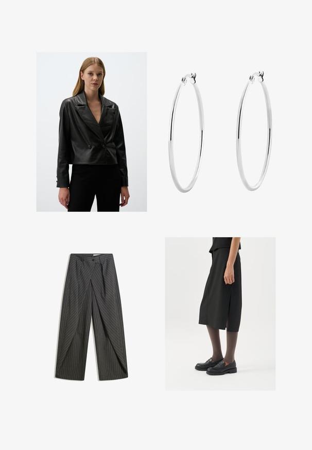 Czarna skórzana kurtka o krótkim kroju z klapowym kołnierzem, podwójnymi guzikami i gładką fakturą, z długimi rękawami i dopasowanym krojem.; Szary prążkowany top na ramiączkach z okrągłym dekoltem i bez rękawów. Miękka tekstura i dopasowany krój, idealny do codziennych stylizacji lub jako warstwa.; Szare spodnie w prążki o luźnym kroju, z pojedynczym zapięciem na guzik, plisami i szerokimi nogawkami.; Czarna spódnica do kolan z bocznym rozcięciem, połączona z czarnymi mokasynami i przezroczystymi brązowymi rajstopami, charakteryzująca się gładkim materiałem i prostym wzorem.; Srebrne kolczyki w formie obręczy z gładką, polerowaną powierzchnią i cienkim, okrągłym kształtem. Wzór posiada pewne zapięcie.