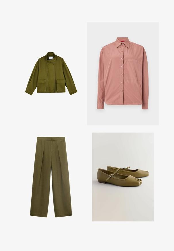 Olive green jacket made of durable fabric, featuring a stand-up collar, two front pockets, and a buttoned closure. Straight cut with long sleeves.; Long-sleeve, button-up shirt in dusty pink, made of smooth fabric. Features a chest pocket and a structured collar. Buttons matched in color.; Olive green wide-legged trousers made from textured fabric, featuring front pleats and a zipper closure, with a straight fit and no visible pockets.; Olive green leather flat shoes with a rounded toe, front pleats, and a buckle strap. Flat sole and smooth texture. Minimalist design.