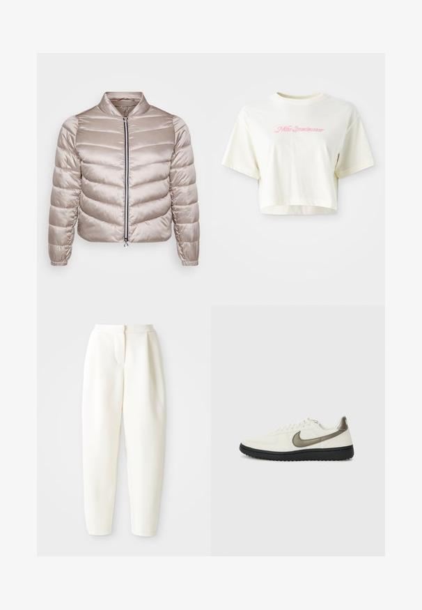 Casaco bomber acolchoado em cetim bege claro, com colarinho tipo stand-up, fecho frontal em zíper e punhos elásticos com uma textura suave.; T-shirt cortada, de cor creme, feita de algodão. Apresenta um logo bordado em rosa que diz "Nike Sportwear". Com mangas curtas e gola redonda.; Calças brancas de cintura alta e corte tapered com fecho frontal oculto e bolsos laterais, exibidas contra um fundo branco liso.; Nike Sportswear FIELD GENERAL - Sapatilhas - off-white/black