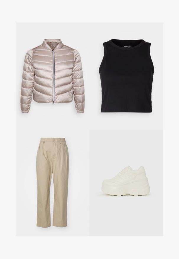 Jachetă bomber căptușită din satin bej deschis, având guler ridicat, închidere frontală cu fermoar și mansete elastice cu o textură netedă.; Top scurt ribbed negru, cu decolteu rotund și fără mâneci. Fabricat dintr-un material moale și elastic, având margini finisate.; Pantaloni bej din bumbac, cu un croi lejer, pliuri frontale, închidere cu un singur nasture și picioare drepte cu tivuri cusute.; Adidași platformă albi, cu un superior neted asemănător cu pielea, formă rotunjită, guler căptușit și talpă din cauciuc texturată cu borduri bine definite.