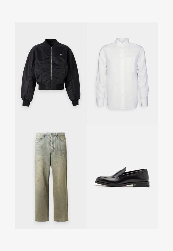 Zwarte bomberjack met een glanzende satijnen afwerking, ritssluiting, ribboordmanchetten en -zoom. Voorzien van zijzakken en subtiele logodetail op de borst.; Witte longsleeve shirt van katoen, met een button-down kraag, een voorzak en een regular fit. Textuurstof met een gladde oppervlakte.; Verweerde denim jeans in lichtgroen, met een rechte pijp, vijf-pocket ontwerp en ongelijkmatige vervaging met verfspatten.; Zwarte leren instappers met een gladde textuur, ronde neus en een decoratieve band over de wreef. Lage, gestapelde hak en minimalistisch ontwerp.