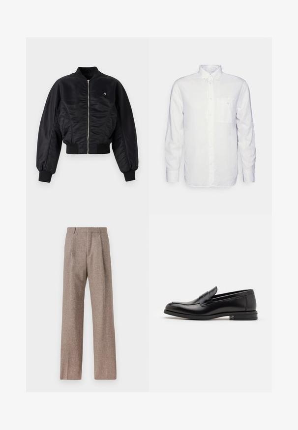 Črna bomberska jakna z bleščečim satinastim zaključkom, zapiranje na zadrgo, rebrastimi manšetami in robom. Ima stranske žepe in subtilno logotipno podrobnost na prsih.; Bela srajca z dolgimi rokavi iz bombaža, z znižanimi ovratnikom, sprednjim žepom in običajnim krojem. Teksturirana tkanina s gladko površino.; Rjave hlače z visokim pasom, izdelane iz teksturirane tkanine. Imajo široke noge in dve sprednji pregibi za strukturo. Urejen zaključek brez vidne strojne opreme.; Črne usnjene loafer čevlje z gladko teksturo, zaobljenim nosom in dekorativnim trakom čez zgornji del. Nizka zložena peta, minimalističen dizajn.