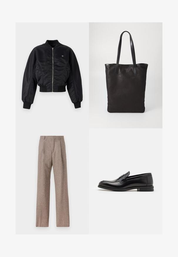 Jachetă bomber neagră cu un finisaj lucios de satin, închidere cu fermoar, manșete și tiv ribbed. Dispune de buzunare laterale și un detaliu discret cu logo pe piept.; Cămașă albastru deschis cu mâneci lungi, guler ascuțit, nasturi negri și o decupare unică în față pentru un design distinctiv.; Pantaloni bej, cu talie înaltă, dintr-un material texturat. Prezintă picioare late și două pliseuri frontale pentru structură. Finisaj îngrijit, fără accesorii vizibile.; Mocasini din piele neagră cu o textură netedă, vârf rotund și o curea decorativă peste partea superioară. Toc mic, design minimalist.; Geantă de umăr din pânză neagră cu mânere din piele neagră. Design simplu, corp spațios și textură netedă. Fără logo-uri sau modele vizibile.