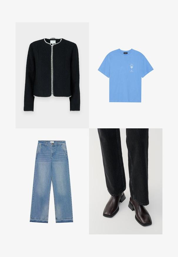 Black textured jacket with a round neckline, fitted shape, and pearl accent along the front closure, featuring long sleeves and no visible fastenings.; Light blue cotton t-shirt with a round neckline. Features a white graphic of a palm tree and text on the left chest area. Short sleeves.; Light blue high-waist wide-leg jeans with a button closure, front pockets, belt loops, and subtle faded detailing.; Brown leather ankle boots with a square toe and block heel, paired with black wide-leg jeans. Smooth texture and minimalistic design.