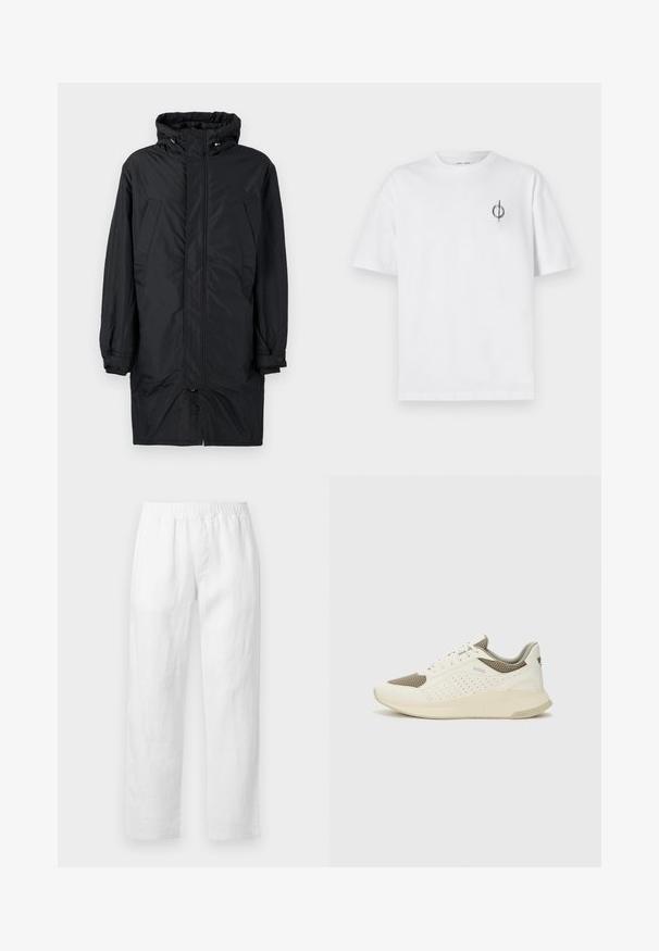 Juodas nailoninis ilgas paltas su kapišonu, su pilnu priekinio užtrauktuko užsegimu, šoninėmis kišenėmis, reguliuojamais rankogaliais ir ilgesniu užpakaliniu kraštu. Lygus tekstilės paviršius.; Balta medvilninė marškinė su laisvu siluetu, su mažą juodą grafiką logotipą kairėje krūtinės pusėje. Trumpomis rankovėmis, apvaliu kaklu.; Baltos lino kelnės su elastiniu liemeniu, tiesių kojų piešiniu ir minkšta tekstūra be matomų raštų ar aparatūros detalių.; Baltas ir šviesiai bežinis sportinis kedas, su tinklo viršumi, perforuotais detalėmis ir tekstūruotu tarpine su logotipu ant kulno.