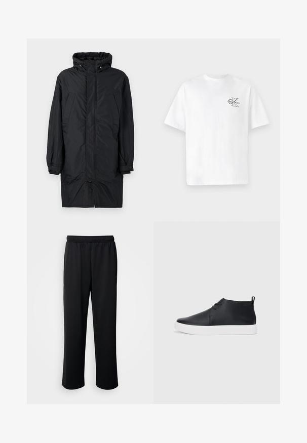 Culoare neagră, palton lung din nylon, cu glugă, prevăzut cu un fermoar pe toată lungimea în față, buzunare laterale, manșete ajustabile și o hem lung mai în spate. Textură netedă.; Tricou alb din bumbac, cu mâneci scurte, de tip crew neck, având un logo CK negru pe zona stânga a pieptului, croială standard, textură netedă.; Pantaloni sportivi negri, realizați dintr-un material moale și respirabil. Au talie elastică și pantaloni drepți, fără accente sau modele evidente.; Adidași negri din piele, cu vârf înalt, finisaj neted, talpă din cauciuc alb și un design simplu cu șireturi. Au un tab de prindere în partea din spate.