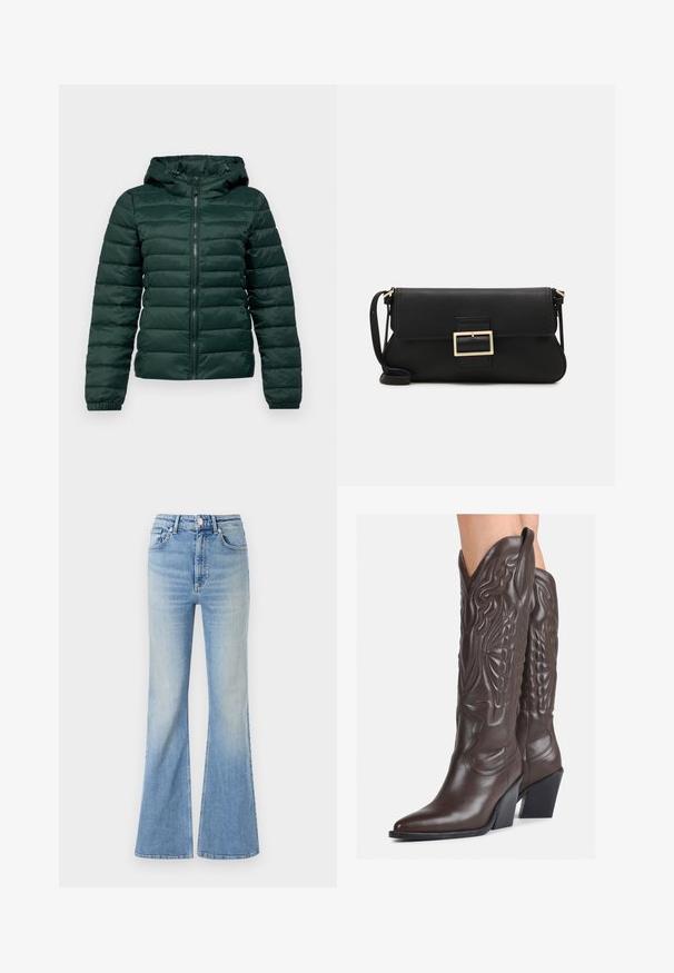 Sötétzöld steppelt dzseki, cipzáras elülső résszel, kapucnival, bordás mandzsettákkal és vízszintes varrással. Puha, sima textúrájú, párnázott kialakítás.; Olive zöld, vállnál nyitott, hosszú ujjú pulóver, puha, texturált anyagból készült, bordázott nyakkivágással és sima testtel.; Világoskék, bő szabású farmernadrág, magas derekú, öt zsebes dizájnnal, amelynek alja fokozatos elhalványulással rendelkezik.; Barna bőr cowboy csizmák hegyes orral és blokk sarkal, részletes varrással és kiemelkedő díszítésekkel a szárán.; Fekete bőr kézitáska hajtóka részlettel és aranyszínű fém csattal. Tartalmaz egy fekete pántot és egy letisztult, minimális dizájnt.; Ezüst karika fülbevalók csavart kialakítással, fényes felülettel és fülbevaló tűzáras zárással. Átmérőjük körülbelül 3 cm.