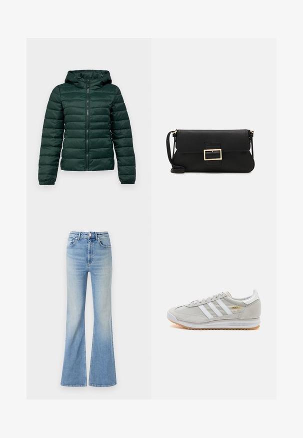 Tamsiai žalia pūkinė striukė su užtrauktuku priekyje, kapišonu, raukšlėmis ant rankogalių ir horizontaliu siuvinėjimu. Minkšta, lygi tekstūra su paminkštintais elementais.; Off-the-shoulder, ilgomis rankovėmis megztinis alyvuogių žalumos spalvos, pagamintas iš minkštos, tekstūruotos medžiagos su raukinėta apykakle ir lygia dalimi.; Šviesiai mėlyni plačios kojų džinsai, pagaminti iš džinsinio audinio, su aukštu liemeniu, penkių kišenių dizainu ir subtiliu gradientiniu blukimu link apačios.; Šviesiai pilki sportbačiai, pagaminti iš zomšos ir tinklinės medžiagos, su trimis baltais dryžiais, apvaliu pirštu ir guma padu. Auksinė logotipo detalė šalia raištelių.; Juodas odinis dėkliukas su atvarteliu ir auksinės metalinės sagties detalėmis. Įeina juodas diržas ir elegantiškas, minimalistinis dizainas.