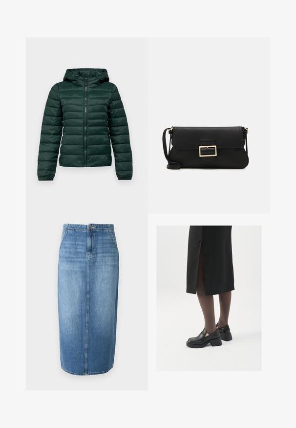 Jachetă puf dintr-un verde închis, cu fermoar frontal, glugă, mansete ribbate și cusături orizontale. Textură moale și netedă cu un design căptușit.; JDY JDYDINEA REVERSIBLE - Pulover - fern; Fustă tip creion din denim, de culoare albastru deschis, cu un croi drept, închidere cu nasturi în față și estompare subtilă. Linia tivului este ușor deasupra genunchiului.; Pantofi din piele neagră cu vârful rotund, toc bloc gros și accente elastice pe lateral, asortați cu colanți închiși la culoare și o fustă neagră cu o fanta.; Geantă de mână din piele neagră, cu clapetă și un detaliu din metal auriu. Include o curea neagră și un design elegant, minimalist.