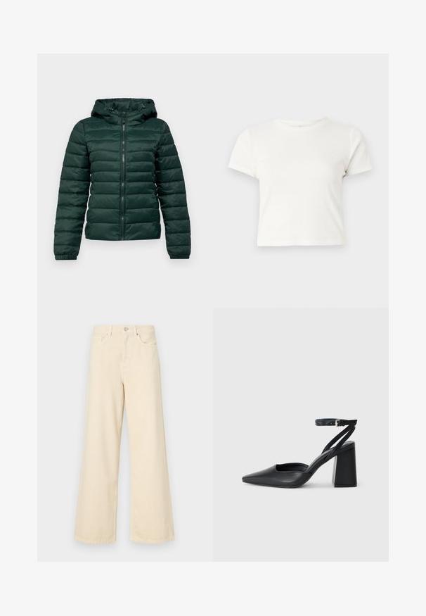 Dark green puffer jacket with a zip front, hood, ribbed cuffs, and horizontal stitching. Soft, smooth texture with a padded design.; Short white t-shirt made of cotton with short sleeves, a round neckline, and a straight hem, featuring a smooth texture and minimal design.; Beige wide-leg jeans made of cotton. Features a button closure, belt loops, and front pockets with a smooth, soft texture.; Black leather pointy-toe pump with an ankle strap and a chunky heel. Flat texture, sleek design, and minimalistic aesthetics.