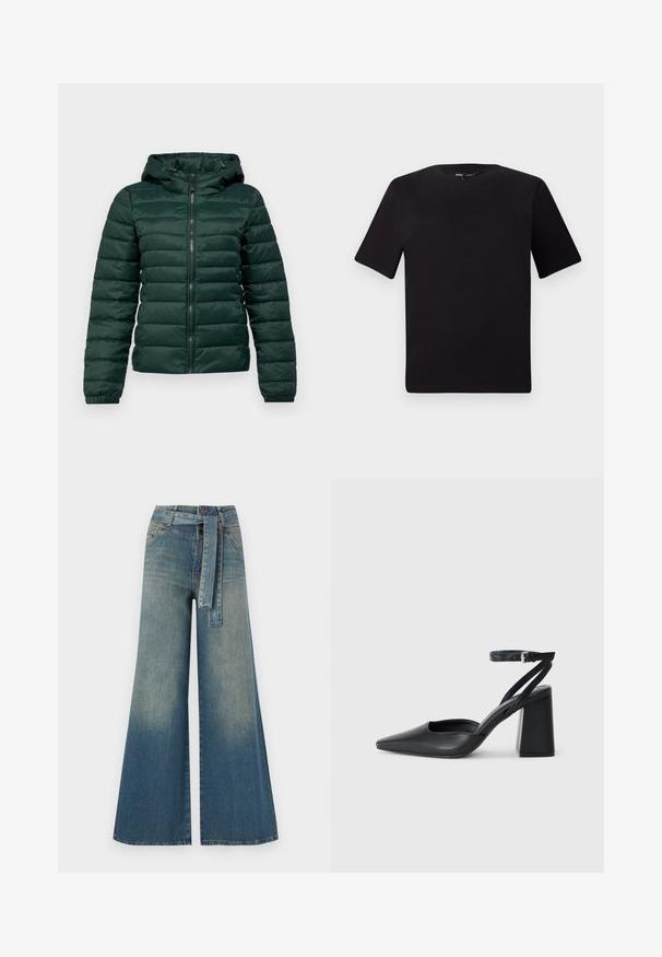 Tume roheline puhvjakker, millel on lukk ees, kapuuts, soonikkoes varrukad ja horisontaalne õmblemine. Pehme, siledat tekstuur koos polsterdatud disainiga.; Must olema lühikeste varrukatega must t-särk ümmarguse kaelusega, valmistatud pehmest puuvillast kangast. Lihtne disain, ilma nähtavate logode või mustriteta.; Laiad denimpüksid, millel on hele tume sinine gradiendiefekt, kõrge vöökoht, vöökumlid ja sobivast kangast vöö. Struktureeritud denimi viimistlus.; Mustmustest must-käigukingad, millel on konksuga nöör ja paks konts. Ühtlane tekstuur, stiilne disain ja minimalistlik esteetika.