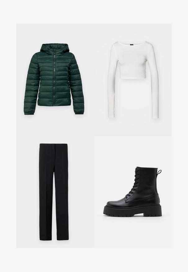 Giacca a vento verde scuro con zip frontale, cappuccio, polsini a coste e cuciture orizzontali. Tessuto morbido e liscio con un design imbottito.; Gina Tricot SOFT TOUCH CROPPED TOP - Maglietta a manica lunga - pristine; Pantaloni neri su misura con taglio dritto, caratterizzati da una texture liscia e senza motivi visibili. Vita standard e finitura pulita.; Stivaletti in pelle nera alla caviglia con punta rotonda, lace-up frontale e suola in gomma spessa con battistrada textured. Tassello sul retro.