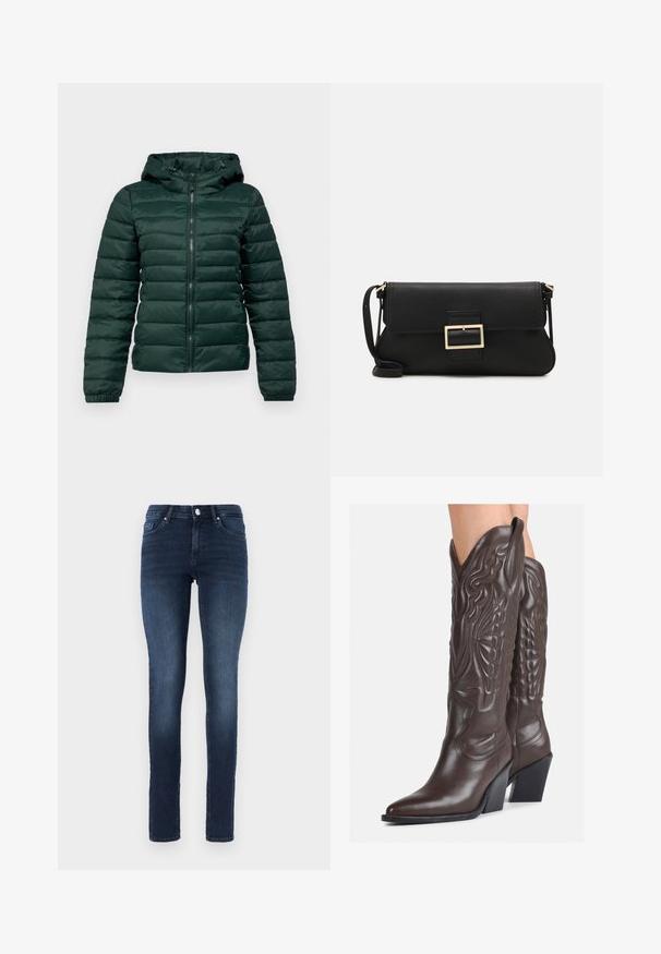 Temnozeleni puhovka s zadrgo spredaj, kapuco, rebrastimi zapestji in horizontalnim šivanjem. Mehka, gladka tekstura z oblazinjeno zasnovo.; Bela brezrokavna majica iz rebraste tkanine, z zaobljenim izrezom in prilegajočim silhueto, z minimalnimi šivi in brez okraskov.; Temno modri skinny jeans iz denima, ki imajo klasičen pet-pocket dizajn, gumbasto zapiranje in subtilno zbledelost na stegnih.; Rjave usnjene kavbojske čevlje z ostrim nosom in blok peto, ki vsebujejo podrobno šivanje in dvignjene dodatke na zgornjem delu.; Črna usnjena torbica na preklop z zlato kovinsko zaponko. Vključuje črn trak in eleganten, minimalističen dizajn.