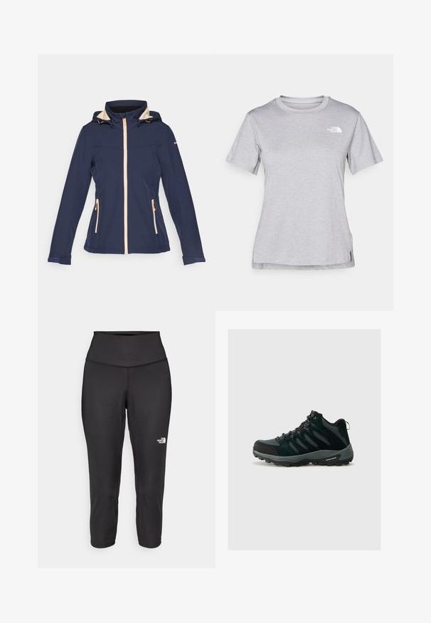 Waterproof navy jacket with a beige hood, front zipper, two zippered pockets, and adjustable drawstring. Smooth texture, lightweight design.; Grey short-sleeve t-shirt made of soft, moisture-wicking fabric. Features a crew neck and a small white logo on the upper left.; Black capri leggings made from stretchy fabric, featuring a high waistband and a small white logo on the left side. Smooth texture.; Columbia REDMOND - Hiking shoes - black/citron haze