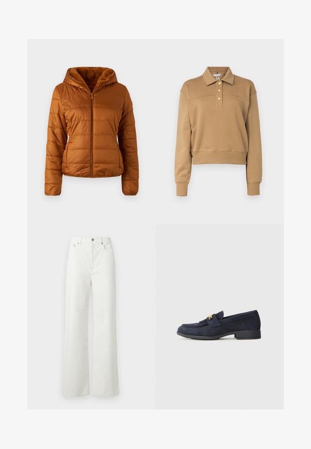 Gestepptes Puffer-Jackett in warmem Braun, mit durchgehendem Reißverschluss, Kapuze und weichem Futter aus Fell. Texturiertes Material mit dezenten Seitentaschen.; Brauner Baumwollpullover mit Kragen, vier Knopfverschluss, gerippten Bündchen und Saum; verfügt über eine horizontale Nahtdetails über der Brust.; Samsøe Samsøe SHELLY - Jeans Relaxed Fit - clear cream; Marineblaue Wildleder-Lederlofer mit einem niedrigen schwarzen Absatz, ausgestattet mit einem dekorativen goldfarbenen Hardware-Detail auf der Vorderseite und einem abgerundeten Zehendesign.