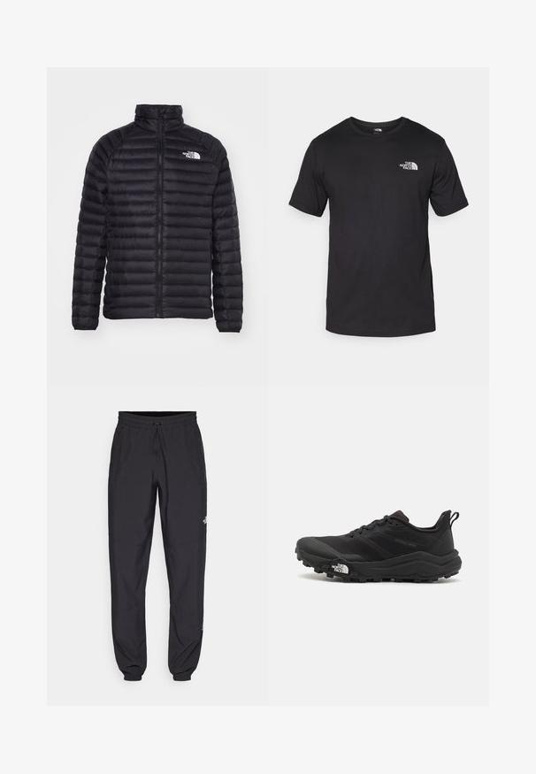 Črna pufferjakna z zadrgo spredaj, visokim ovratnikom in horizontalnim šivanjem. Značilna je logo na prsih in elastični manšeti. Lahka in toplotno izolirana.; Črna kratko sleeved majica iz bombaža, s krožnim izrezom in majhnim belim logotipom na zgornjem levem delu prsnega koša.; Črne atletske hlače iz lahkega materiala, ki imajo elastični pas z vezalko, stranske žepe in zožene manšete na gležnjih.; Črne tekaške čevlje za trail s teksturirano zgornjega dela, gumijastim podplatom in ojačanim zaključkom prstov. Vključuje oblazinjen ovratnik in zanko za enostavno obuvanje.