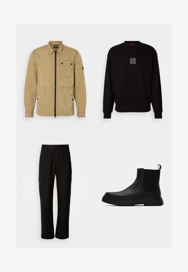 Beige, lightweight jacket in a crinkled texture with a front zipper, buttoned chest pocket, and side pockets. Features a collared design.; Black sweatshirt with long sleeves, round neckline, a front gray square logo, soft texture, and ribbed cuffs and hem.; Black cargo pants made of cotton with a relaxed fit, featuring side pockets, a button closure, and straight legs. Simple design without patterns.; Black ankle boot with a smooth finish, elastic side panels, and a contrasting red pull tab, featuring a thick rubber sole and rounded toe.