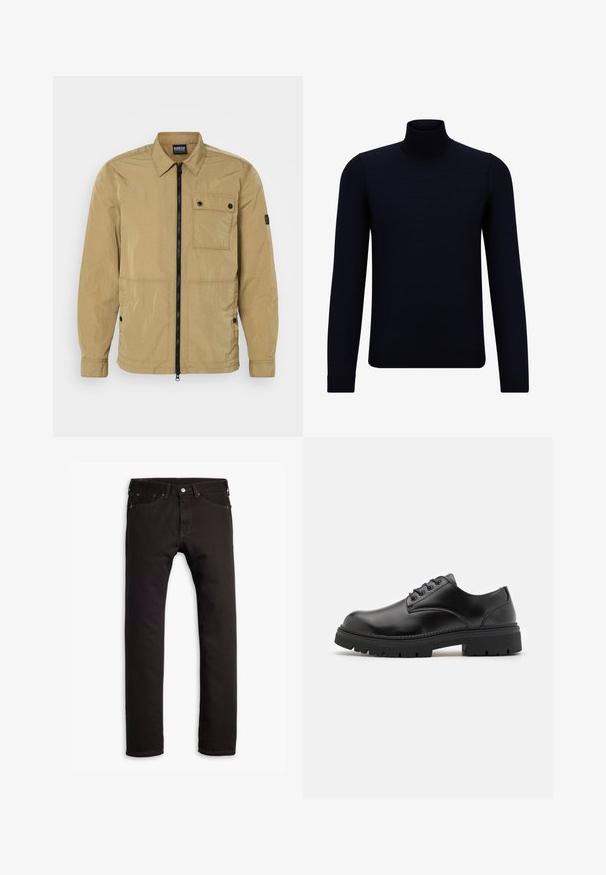 Beige, lichtgewicht jas met een gekreukt textuur, een ritssluiting aan de voorkant, een knoopsluiting op de borstzak en zijzakken. Beschikt over een kraag.; Diep marineblauwe coltrui gemaakt van fijn breiwerk, met lange mouwen en een aansluitende, hoge halslijn. Geen zichtbare patronen of accenten.; Zwarte slim-fit jeans met vijf zakken en knoopsluiting, plat weergegeven op een witte achtergrond.; Zwarte leren schoenen met een ronde neus, vetersluiting en een dikke, gestructureerde rubberen zool. Kenmerken zijn stiksels langs de rand en een gladde afwerking.
