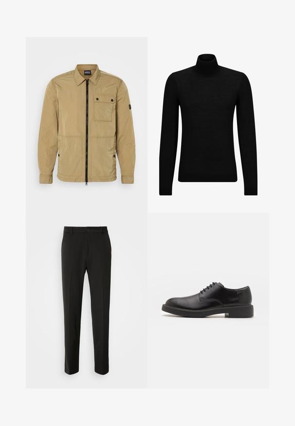 Beige, lightweight jacket in a crinkled texture with a front zipper, buttoned chest pocket, and side pockets. Features a collared design.; Black turtleneck sweater made of soft material, featuring long sleeves and a snug fit. Ribbed trim at the hem and cuffs. Simple design.; Black trousers made of smooth fabric, featuring straight legs, a button closure, and a classic design suitable for formal or casual wear.; Black leather lace-up shoe with a rounded toe, smooth texture, minimal stitching, and a low rubber heel. Logo on the heel.