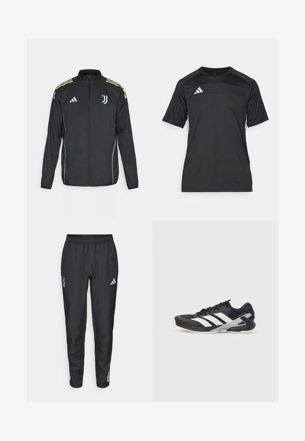 Czarna kurtka sportowa z żółtymi paskami na ramionach. Posiada zamek z przodu, dwukolorowe logo Adidas, herb Juventusu oraz różowe akcenty po bokach.; Czarny sportowy t-shirt z krótkim rękawem, z teksturowanym panelem na klatce piersiowej i białymi paskami po bokach. Logo Adidas z przodu.; adidas Performance LIVERPOOL FC czarny; Czarne buty sportowe z białymi paskami, siateczkowa cholewka, zaokrąglony czubek i amortyzowana podeszwa. Posiadają teksturowany obcas i pewny system sznurowania.