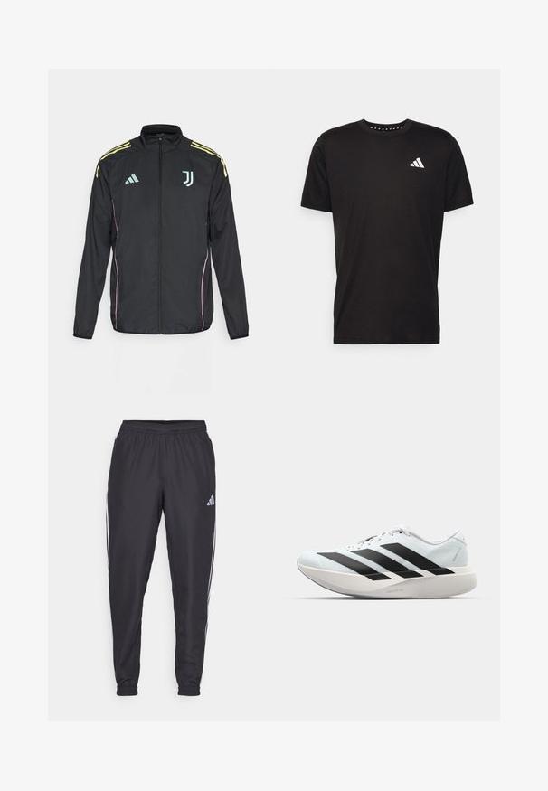 Svart sporjakke med gule skulderstriper. Har glidelås foran, to-farget Adidas-logo, Juventus-emblem, og rosa sidelister.; Svart bomulls t-skjorte med korte ermer, rund hals og en hvit logo på venstre bryst. Glatt tekstur og enkelt design.; Svart treningsbukser med elastisk liv, med hvite striper langs sidene og en liten logo på hoften. Glatt tekstur.; Lette løpesko i lys blå med svarte striper. Har en myk overdel, rund tå og tykk hvit mellomsole merket "LIGHTSTRIKE PRO."
