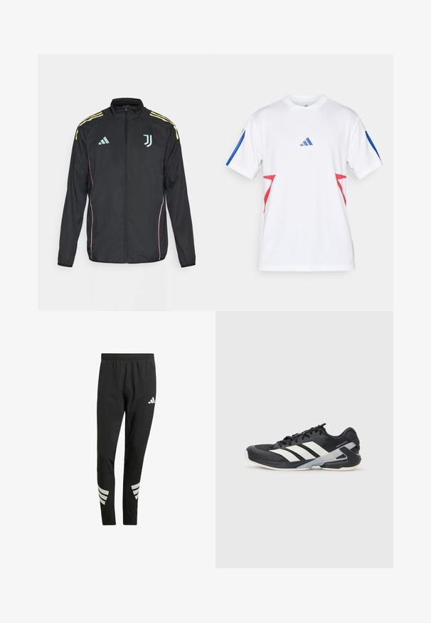 Černá sportovní bunda s žlutými pruhy na ramenech. Obsahuje zip vpředu, dvoubarevné logo Adidas, emblém Juventusu a růžové boční akcenty.; Bílé atletické tričko vyrobené z lehkého síťovaného materiálu, s modrými akcenty na rukávech a červenými trojúhelníkovými vzory po stranách. Zobrazeno logo Adidas.; Černé sportovní kalhoty s elastickým pasem, se stříbrnými reflexními akcenty v pruhovaném vzoru na dolních nohavicích. Vyrobeno z hladkého materiálu.; Černá sportovní obuv s bílými pruhy, síťovaným svrškem, zaoblenou špičkou a polstrovanou podrážkou. Obsahuje texturovanou patu a bezpečný systém šněrování.