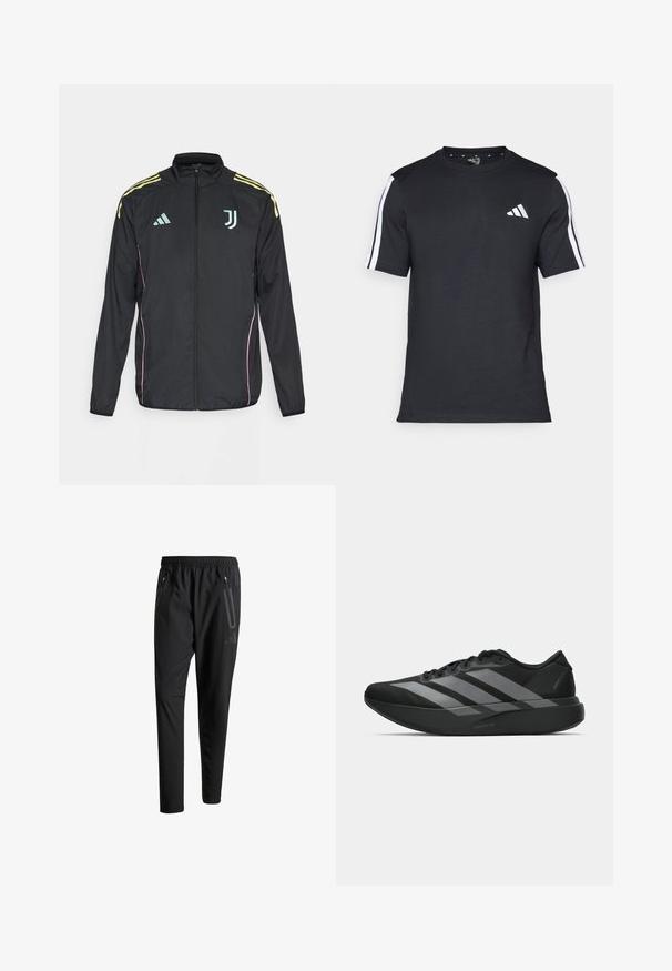 Fekete sportdzseki sárga vállcsíkkal. Elöl cipzáras, két színű Adidas logóval, Juventus emblémával és rózsaszín oldalakkal rendelkezik.; Fekete, rövid ujjú pamut póló, fehér csíkokkal a vállain és fehér logóval a bal mellkason.; Fekete sportos nadrág elasztikus derékpánttal, két cipzáras oldalt zsebbel, tapered lábakkal és diszkrét logóval a csípőn.; Fekete sportcipők könnyű kialakítással, három kiemelkedő szürke csíkkal, sima textúrával és kontúros talppal.
