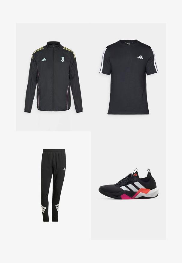 Črna tekaška jakna z rumenimi ramenskimi črtami. Ima zadrgo spredaj, dvotojno Adidasovo logo, grb Juventusa in roza stranske poudarke.; Črna majica z kratkimi rokavi iz bombaža, z belimi črtami na ramenih in belim logotipom na levem prsnem delu.; Črne športne hlače z elastiko v pasu, ki imajo odsevne bele poudarke v črtastem vzorcu na spodnjem delu nog. Narejene so iz gladkega materiala.; Črne športne čevlje z belimi črtami, teksturirano zgornjim delom in robustnim podplatom z oranžnimi, roza in belimi poudarki. Zavezovanje z vlečno spono.