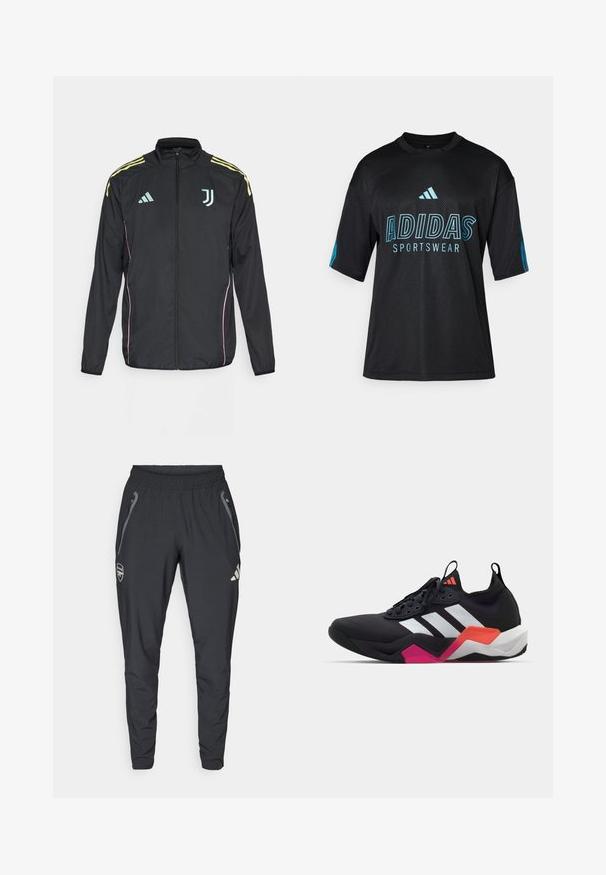 Melnā sporta jaka ar dzeltenām plecu svītrām. Satur priekšējo rāvējslēdzēju, divu toņu Adidas logo, Juventus emblemu un rozā sānu akcentus.; Melna Adidas sporta krekls ar sietspiedes tekstūru, īsām piedurknēm, apaļu apkakli un zila krāsas logo un teksta apdruka uz priekšpuses un piedurknēm.; adidas Performance ARSENAL FC TIRO25 COMPETITION VIS TECH TRAVEL PANT - Kluba apģērbs - black; Melna sporta kurpe ar baltām svītrām, teksturētu virsējo daļu un masīvu zoli, kurai ir oranži, rozā un baltie akcenti. Auklu dizains ar vilkšanas cilpu.