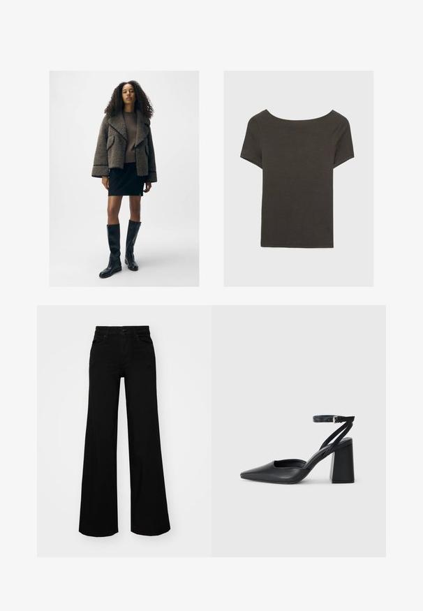 Giacca in shearling marrone con texture, ampi rever, maglione marrone aderente, mini gonna nera e stivali alti neri in pelle.; Top corto grigio scuro con scollatura a barca. Realizzato in tessuto a costine, presenta una vestibilità rilassata e un orlo pulito. Design semplice, senza motivi.; Pantaloni neri a gamba larga in denim, con una vita strutturata, passanti per la cintura e tasche frontali. Texture liscia con un design classico.; Pump in pelle nera con punta affusolata, cinturino alla caviglia e tacco spesso. Texture piatta, design elegante ed estetica minimalista.