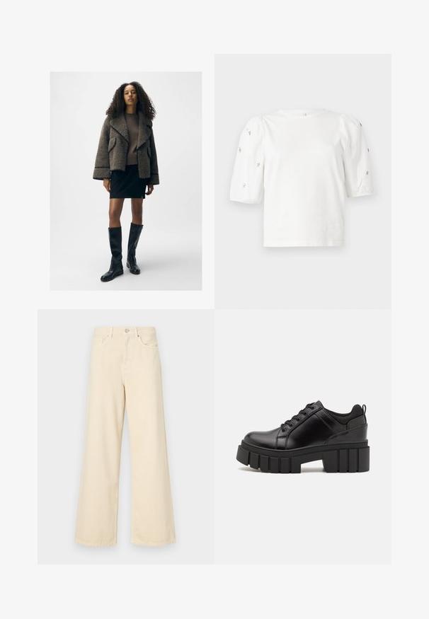 Struktuurne pruun shearling jakk laia kraega, sobitatud pruun sviiter, must mini-seelik ja põlvikõrgused mustad nahast saapad.; Valge puuvillane T-särk lühikeste puffkäistega, millel on väikesed hõbedased kaunistused käiste servades. Klassikaline ümmargune kaelus, vaba ja mugav lõige.; Bežid laiad teksad, mis on valmistatud puuvillast. Omab nööbilukku, vöökohakujusid ja eesmine taskuid, millel on sile ja pehme tekstuur.; Must musta platvormsussid paksu plokkninal, ümmarguse varbaga ja traditsioonilise nööridega kinnitamisega. Sussid on sileda tekstuuriga ja minimaalsete detailidega.