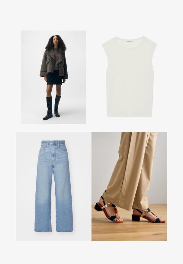 Textured brown shearling jacket with wide lapels, a fitted brown sweater, black mini skirt, and knee-high black leather boots.; White sleeveless top with a round neckline. Made of smooth fabric, it features a relaxed fit and minimalist design. No patterns or accents.; Light blue high-waist wide-leg jeans with front button and zip closure, front and back pockets, on a white background.; Colorful heeled sandals featuring a mix of red, navy, and metallic gold accents, with a block heel and open-toe design.