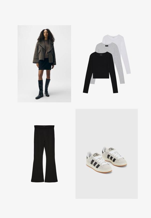 Struktureret brun shearlingjakke med brede revers, en tætsiddende brun sweater, sort miniskirt og knæhøje sorte læderstøvler.; Tre langærmede toppe stablet: sort, grå og hvid. Hver har en rund halsudskæring og et cropped design med glat, let stof.; Sorte flared leggings lavet af strækbart stof. Har en bred talje og en glat tekstur, med en tætsiddende silhuet der bredder sig ved sømmen.; Grå ruskinds sneakers med hvide snørebånd, sorte striber og en hvid gummisål. Har et rundt logo på tungen og en gummisål.