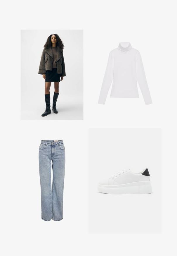 Giacca in shearling marrone con texture, ampi rever, maglione marrone aderente, mini gonna nera e stivali alti neri in pelle.; Maglia a maniche lunghe bianca a collo alto realizzata in tessuto morbido ed elastico. Presenta un colletto alto e un design aderente, senza motivi o decorazioni visibili.; Jeans a gamba larga di colore azzurro chiaro realizzati in denim, con vita alta, design a cinque tasche e leggera scoloritura per un aspetto vissuto.; Sneakers platform bianchi realizzati in materiale sintetico liscio, con punta arrotondata, design con lacci e suola in gomma texture. Accento nero nel tallone.