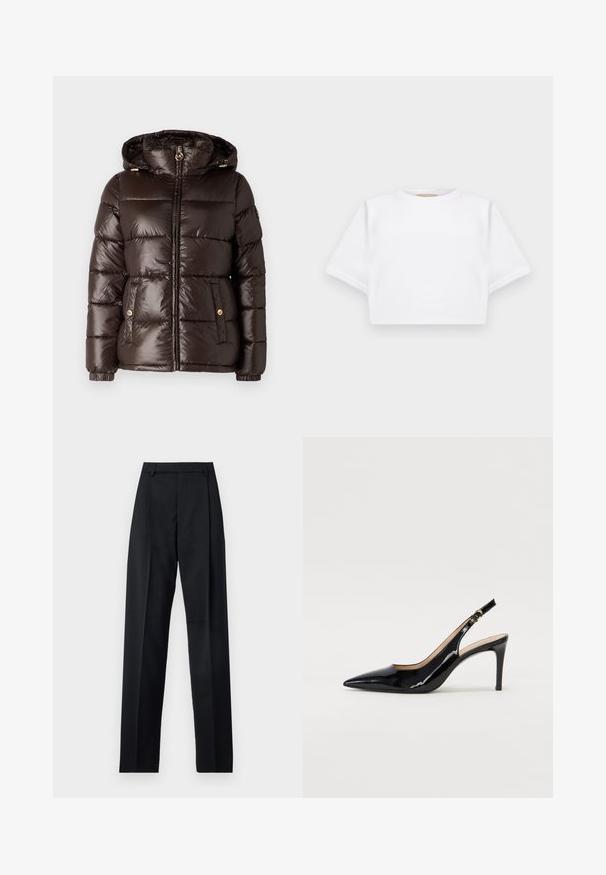 MICHAEL Michael Kors ULTRA LIGHTWEIGHT PUFFER - Winter jacket - chocolate; Cropped white t-shirt made of soft fabric, featuring short sleeves, a round neckline, and ribbed hem details. Simple and unembellished design.; Black trousers made from smooth fabric featuring a high waist, wide legs, front pleats, and classic belt loops. No side pockets visible.; Black patent leather slingback pump with pointed toe, slim heel, and a subtle cutout design. Features a gold buckle on the strap.